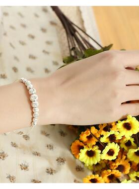 流行民族时尚镀925银手镯转运珠铃铛吊坠开口手镯女 银色镯子礼物