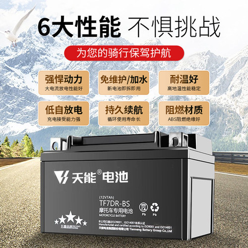 天能摩托车电瓶12v通用7A雅马哈干电池125弯梁车豪爵踏板车专用 - 图0