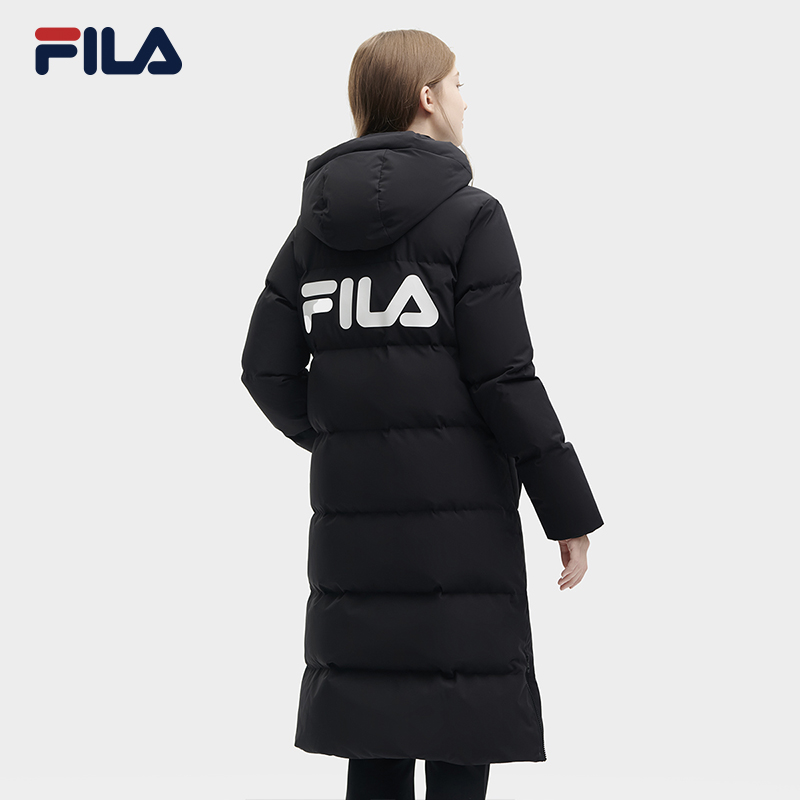 FILA斐乐官方过膝长款女士羽绒服2024年休闲时尚保暖连帽厚款外套
