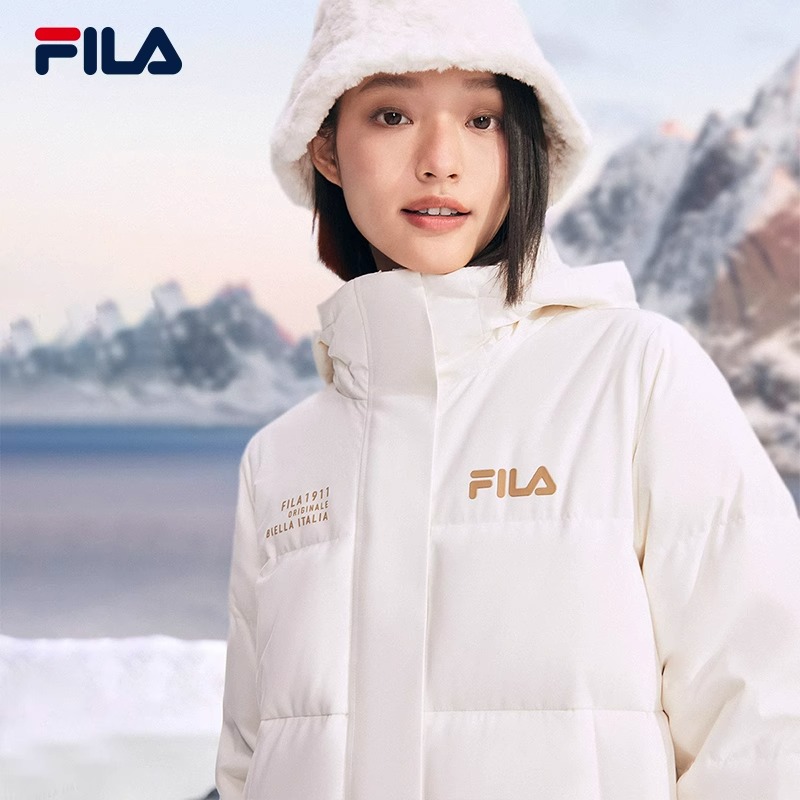 FILA斐乐官方过膝长款女士羽绒服2024年休闲时尚保暖连帽厚款外套