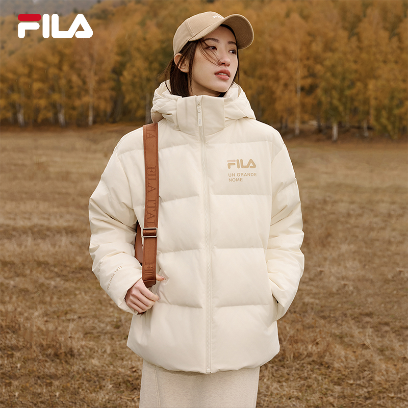 FILA 斐乐羽绒服情侣款2025冬季宽松休闲白色连帽简约保暖上衣 FILA 斐乐羽绒服情侣款2025冬季宽松休闲白色连帽简约保暖上衣