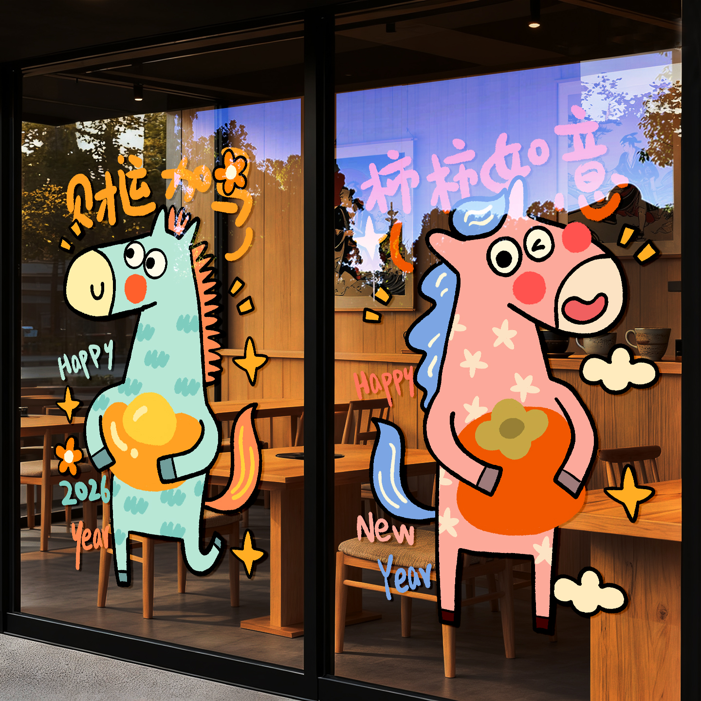 新年装饰贴纸马年春节布置玻璃贴卡通过年窗花静电2026元旦门贴画 - 图0