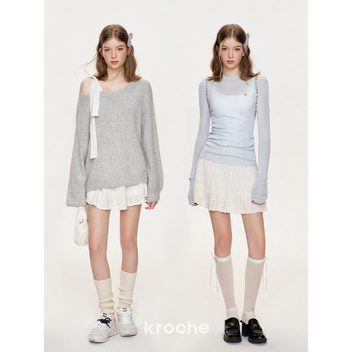 Kroche  奶油泡芙 镂空肌理 双腰头叠穿针织短裙半裙 - 图3