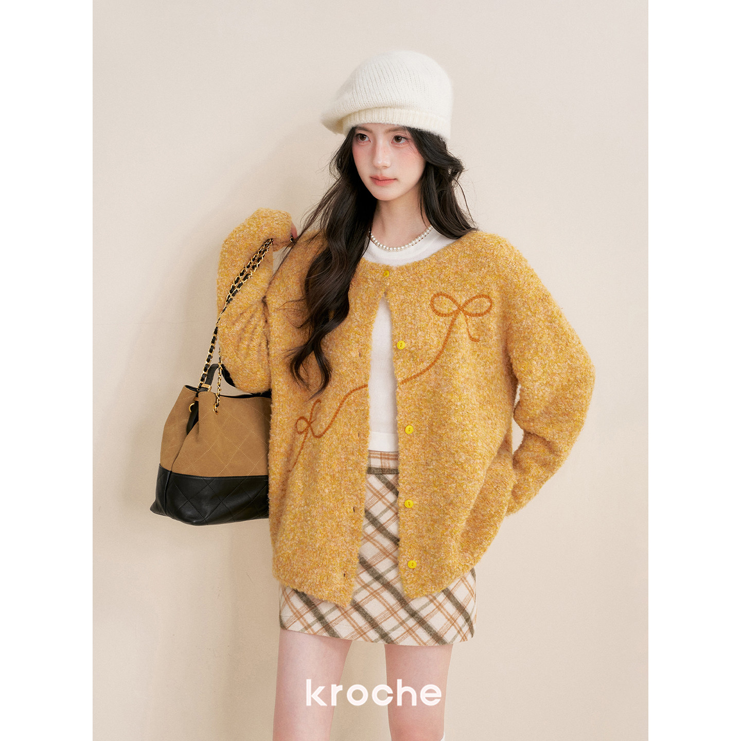 Kroche  落日绒团 重工蝴蝶结立体绣 羊毛混纺圈圈纱毛衣开衫,淘宝优惠券,粉丝福利购,淘宝优惠卷