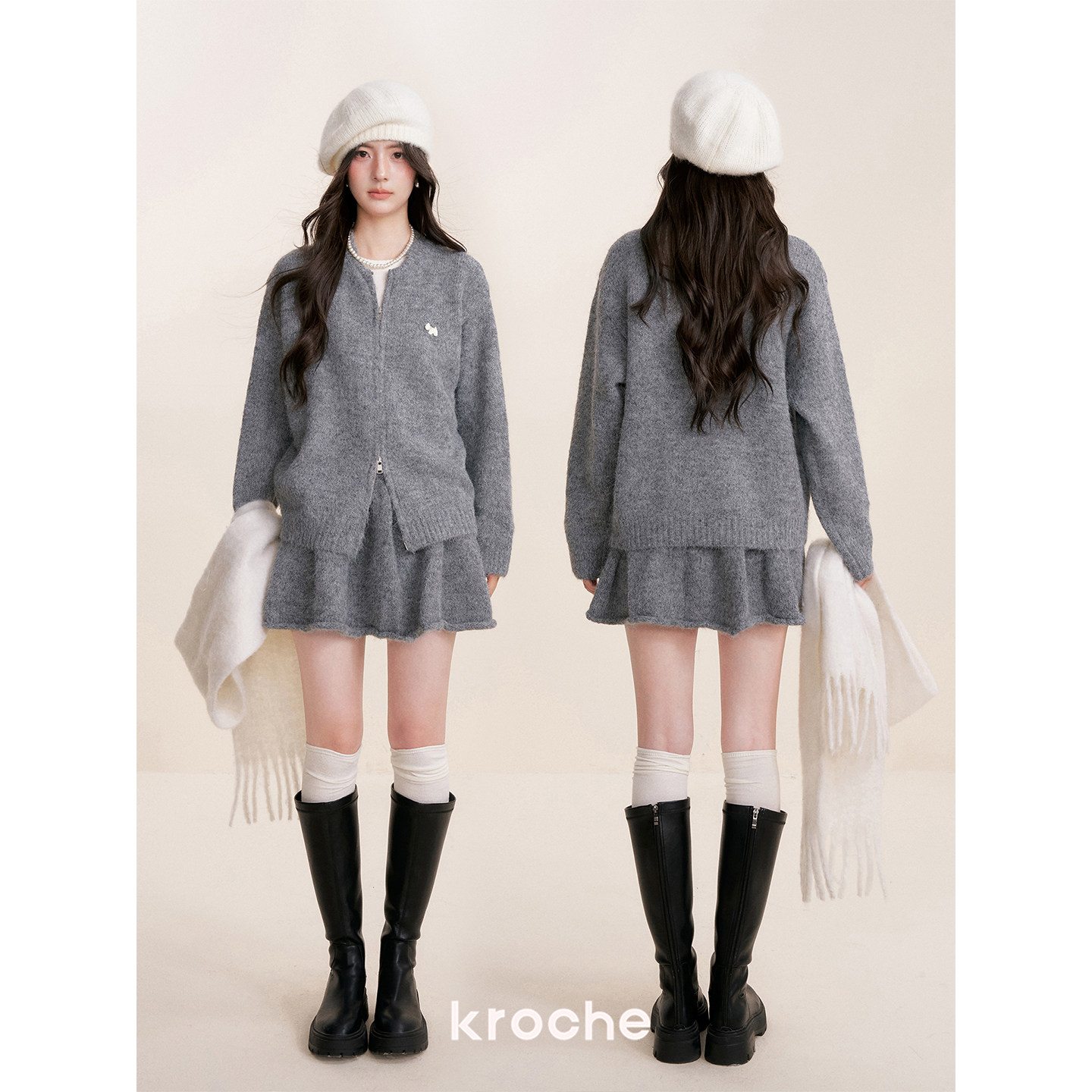 Kroche 冬日暖灰 双拉链 羊毛混纺 植绒小狗毛衣半身裙套装,淘宝优惠券,粉丝福利购,淘宝优惠卷