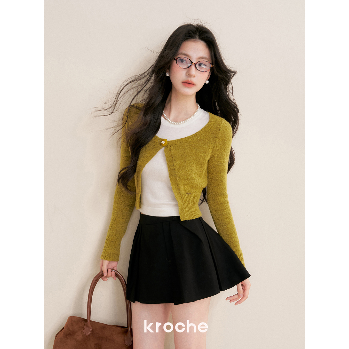 Kroche 25aw 苔藓日记 羊绒羊毛 手钩一粒扣圆领针织开衫小外套 - 图0