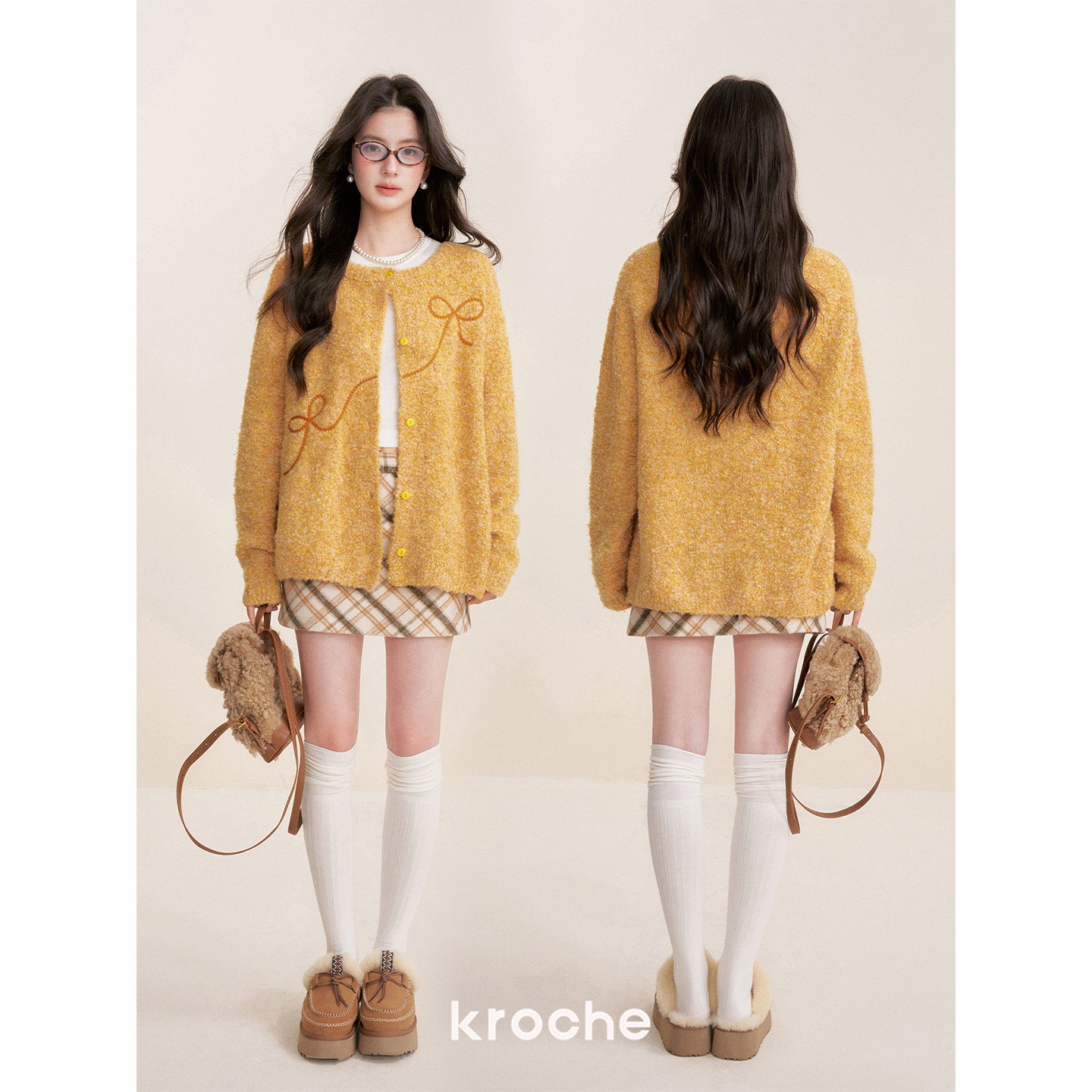 Kroche  落日绒团 重工蝴蝶结立体绣 羊毛混纺圈圈纱毛衣开衫,淘宝优惠券,粉丝福利购,淘宝优惠卷