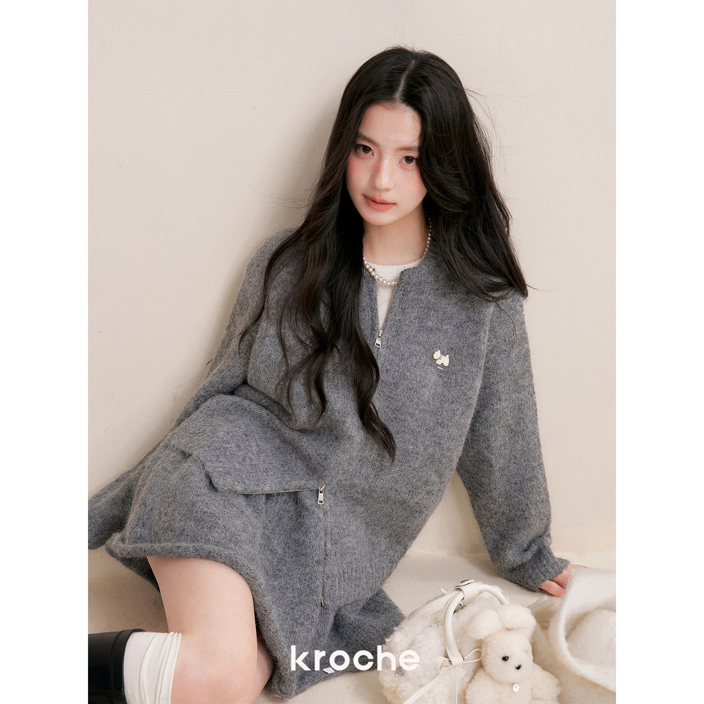 Kroche 冬日暖灰 双拉链 羊毛混纺 植绒小狗毛衣半身裙套装,淘宝优惠券,粉丝福利购,淘宝优惠卷