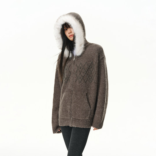 ATRY毛领针织衫毛衣男秋冬新款慵懒羊毛衫钉珠情侣连帽开衫外套女