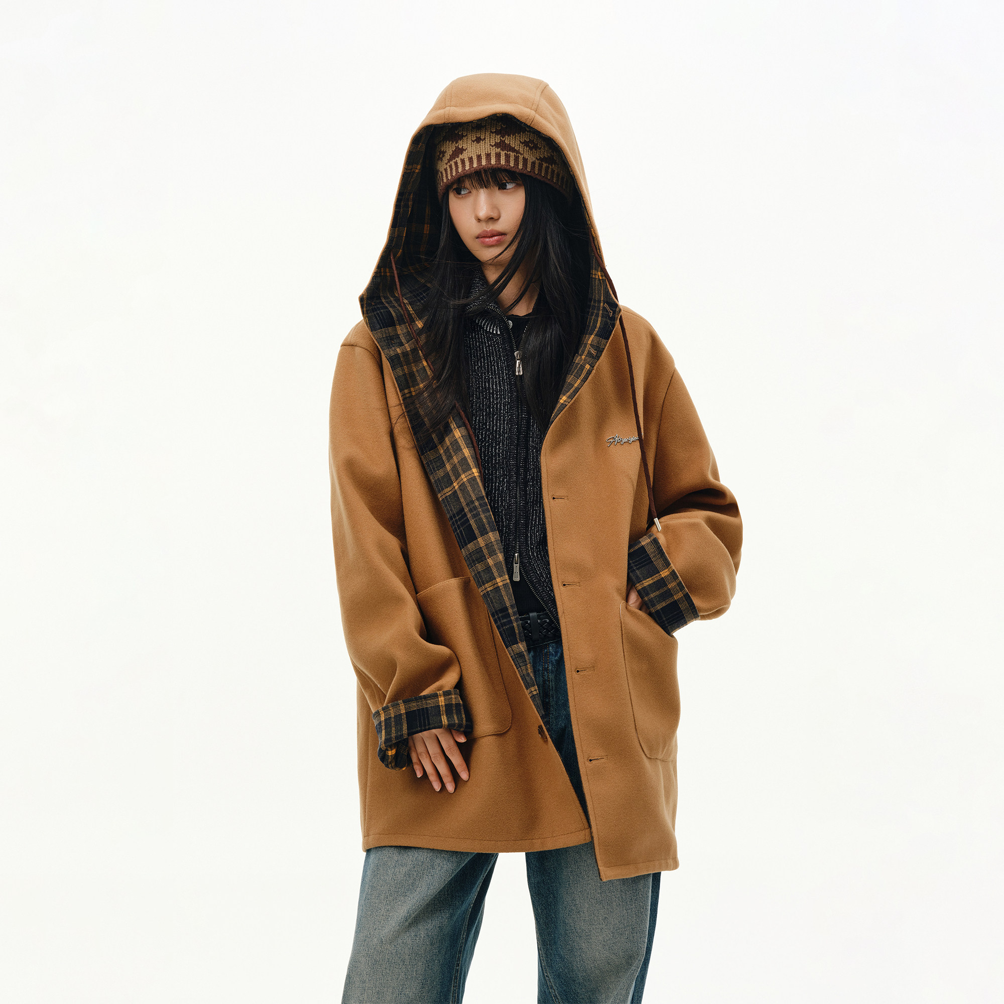 ATRY格纹双面穿毛呢大衣男秋冬保暖复古设计感中长款毛呢连帽外套,淘宝优惠券,粉丝福利购,淘宝优惠卷