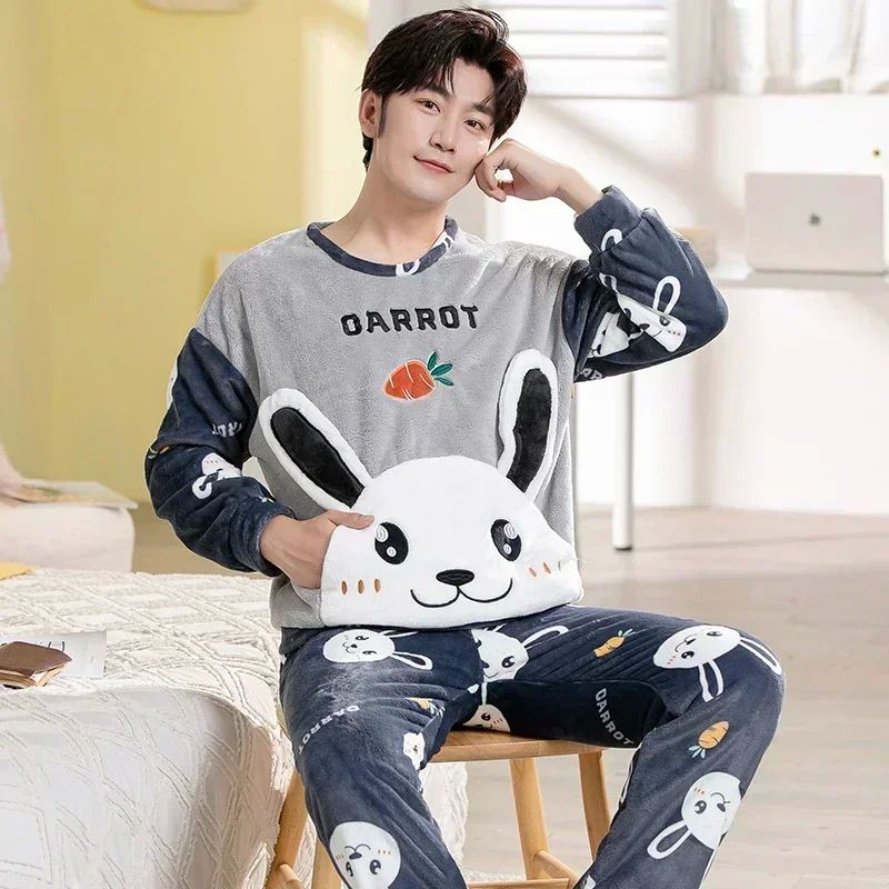 Winter Long Sleeve Thick Warm Flannel Pajama Sets for Men Co - 图1