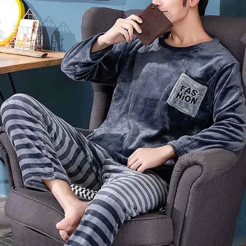 Men Winter Warm Flannel Pajama Set Long Sleeve Thick For Men - 图2