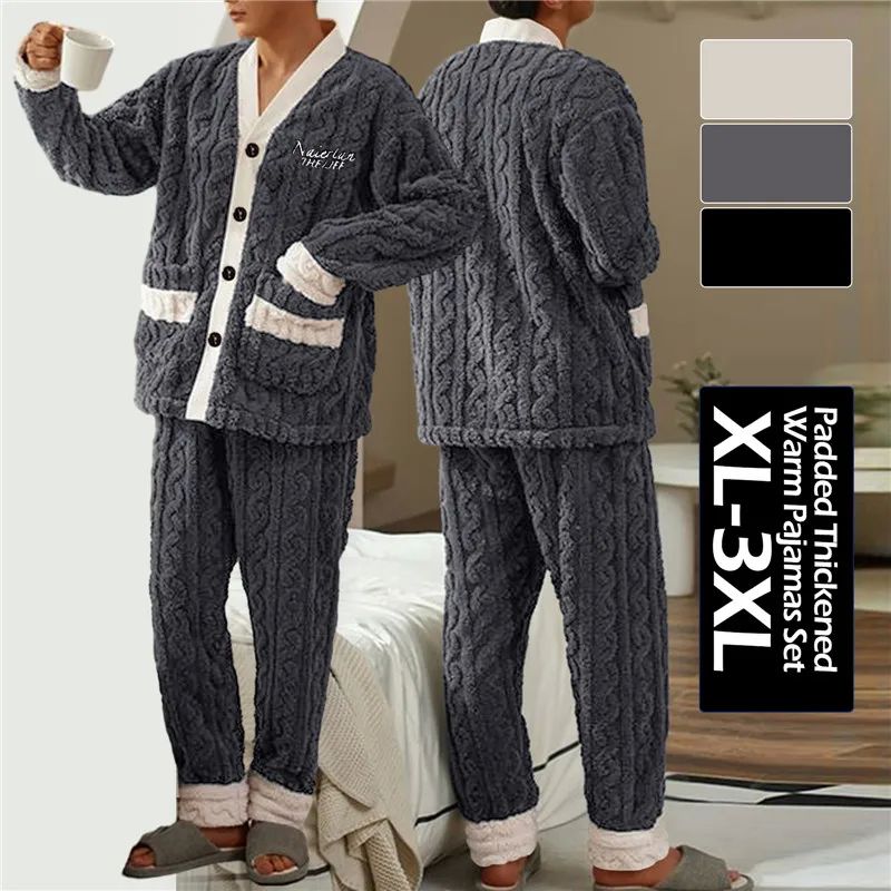 2024 New Men Winter Warm Flannel Pajamas Set V-Neck Fluffy C - 图3