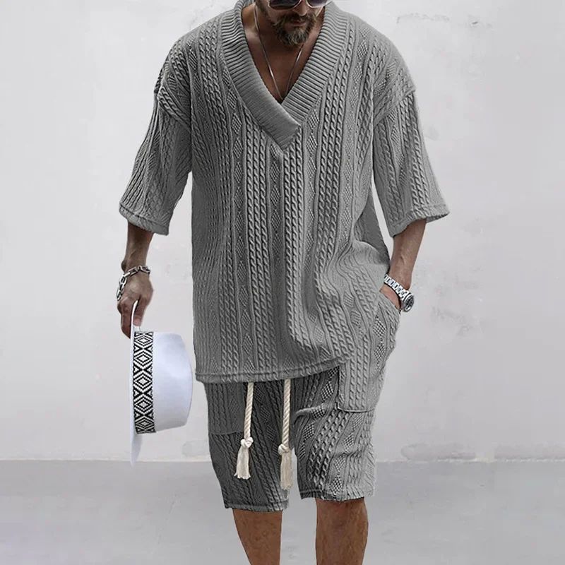 2024 Summer Casual Shorts Set Knitted Two Piece Men's Clothi - 图0