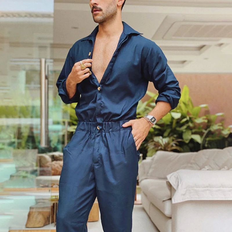 Men Solid Color Jumpsuit Playsuit  Buttons Casual Cargo Clot - 图2