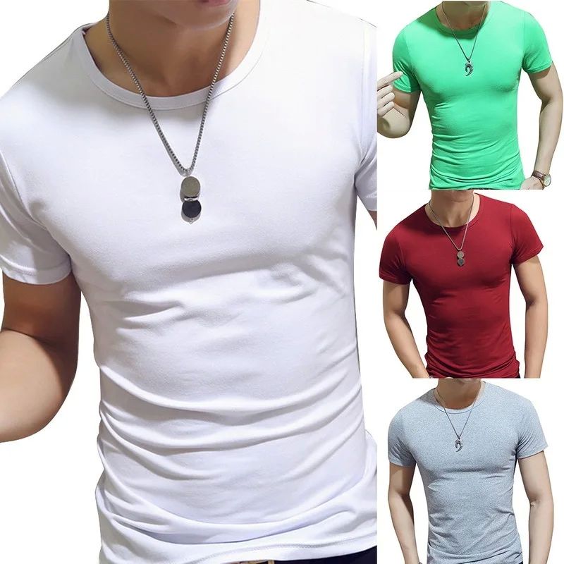 Men Summer O Neck Casual T Shirt Collar White Plain   Men t- - 图2