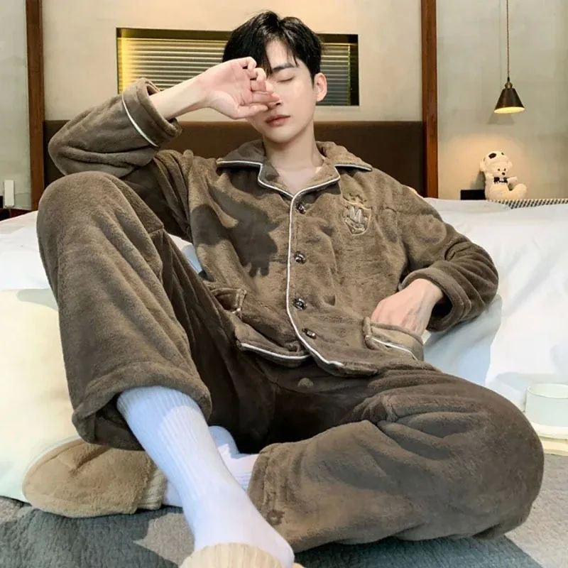 2024 New Men Winter Warm Flannel Pajamas Set V-neck Fluffy C - 图2