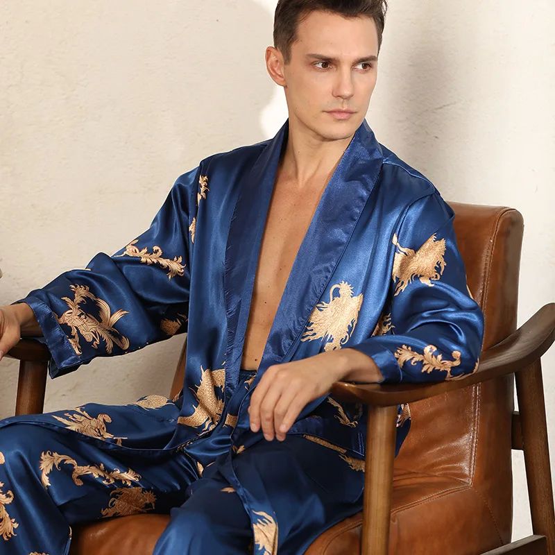 Male Satin Sleepwear Robe&Pants Dargon Pajamas Set Print Men - 图1