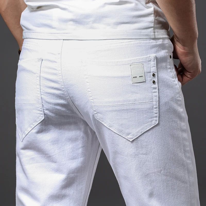 Men White Jeans Fashion Casual Classic Style Slim Fit Soft T - 图0