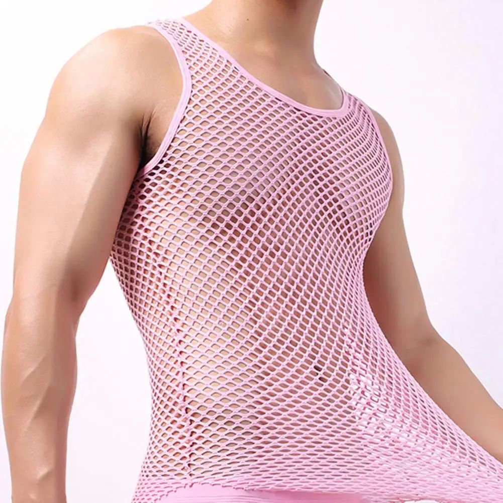 Men Vest Undershirt Gay clothing Nylon Mesh Shirt See Throug - 图2