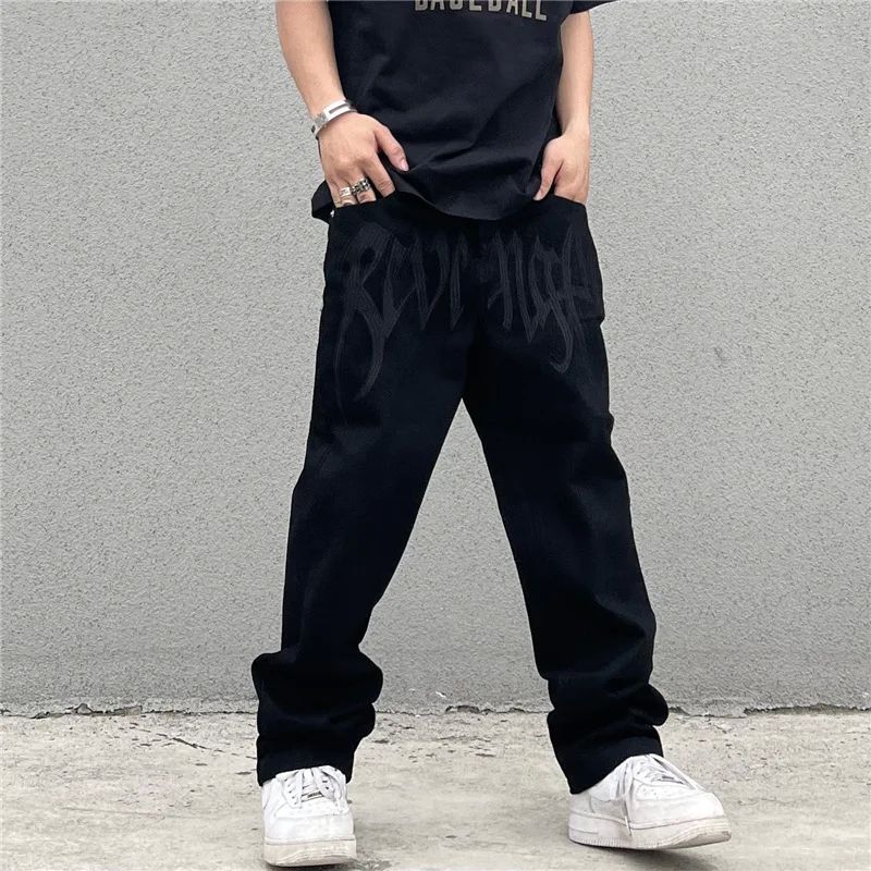 Y2K Black Baggy Jeans Men's New Streetwear American Retro Pr - 图0