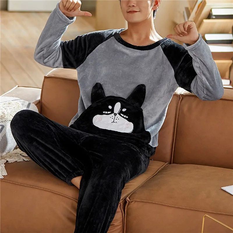 Men Winter Warm Flannel Pajama Set Long Sleeve Thick For Men - 图1