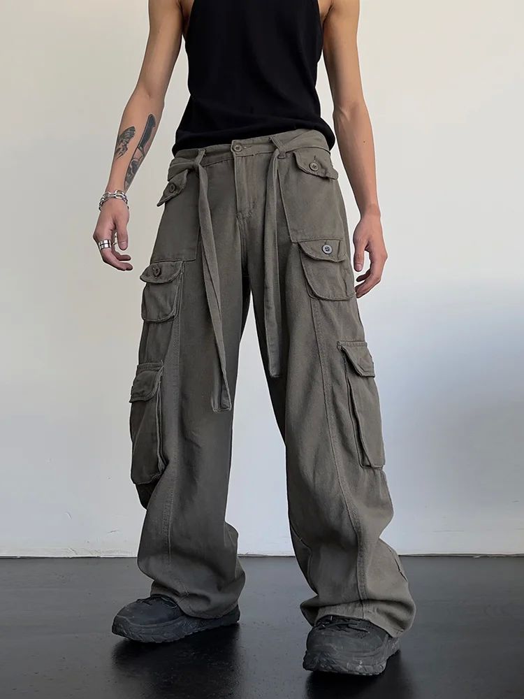 High street retro casual large pocket overalls men's and wom - 图1