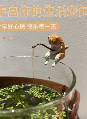 鱼缸钓鱼猫悬挂创意造景摆件桌面适用小猫钓鱼迷你微景观装饰品