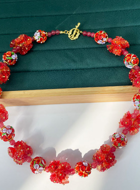 中古vintage红色花瓣琉璃意大利老奶奶重工串珠西洋项链耳坠套装