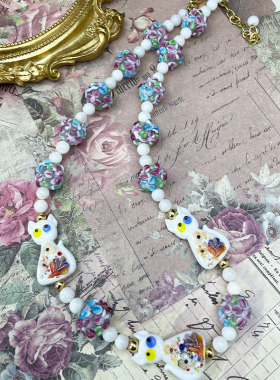 中古vintage花朵穆拉诺琉璃猫咪复古时尚可爱甜美清新手工项链