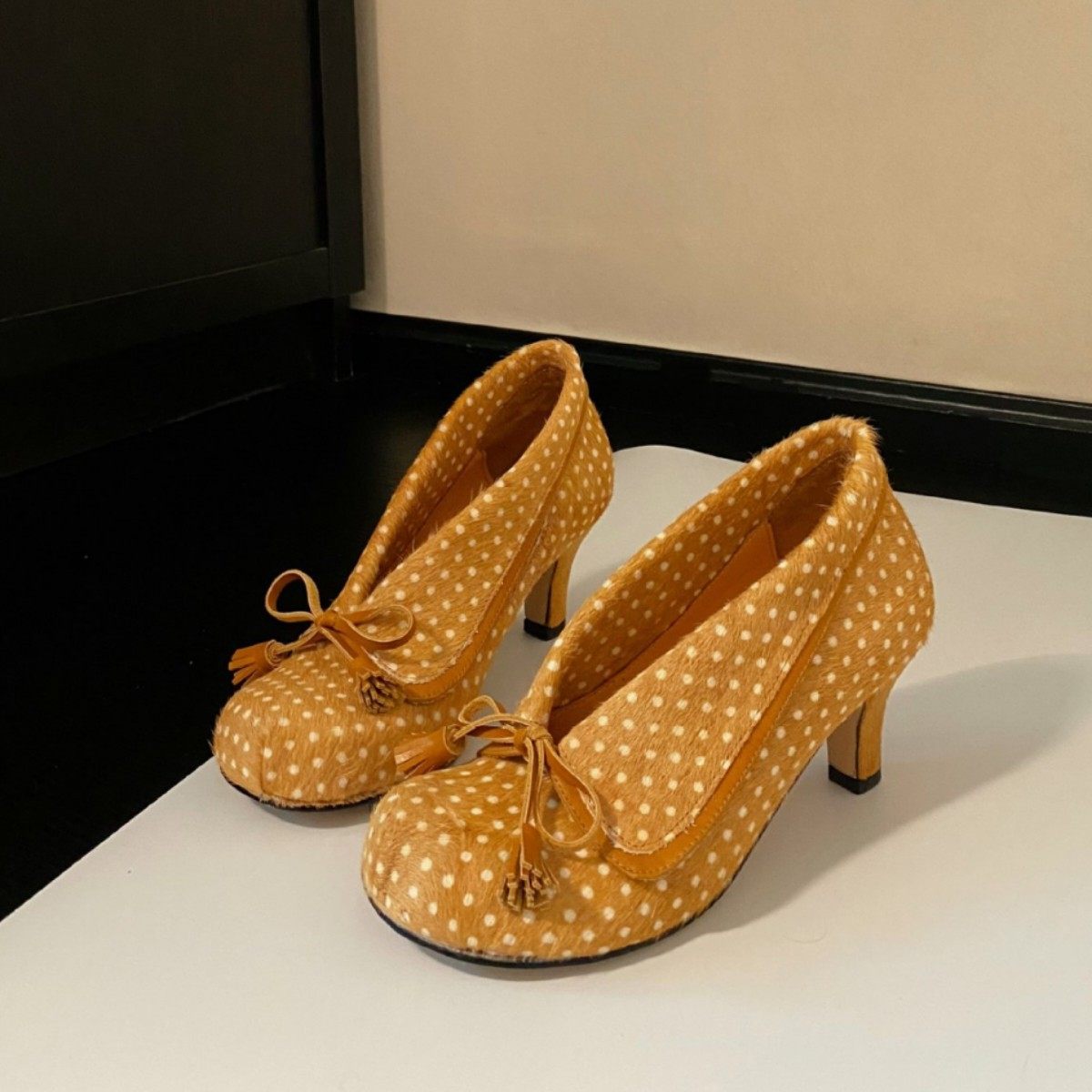 JW stylish 弗拉明戈 复古蝴蝶结马毛波点鞋女法式小高跟单鞋子,淘宝优惠券,粉丝福利购,淘宝优惠卷