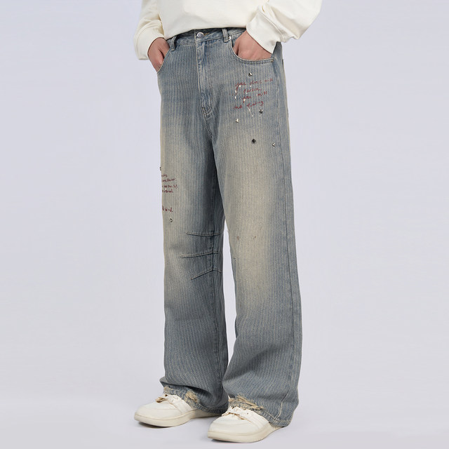 ໂສ້ງຢີນ William Chan CANOTWAIT_washed, distressed, studded striped striped, loose, ເປັນມິດກັບຜິວຫນັງແລະສະດວກສະບາຍໃນລະດູຮ້ອນ