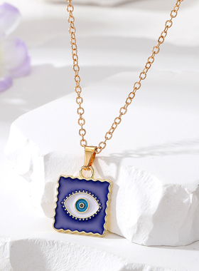 Enamel Square Blue Evil Eye Necklace For Women Gift Simple