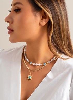 2024 3pcs/set Ethnic Sunflower Green Stone Pendant Necklace