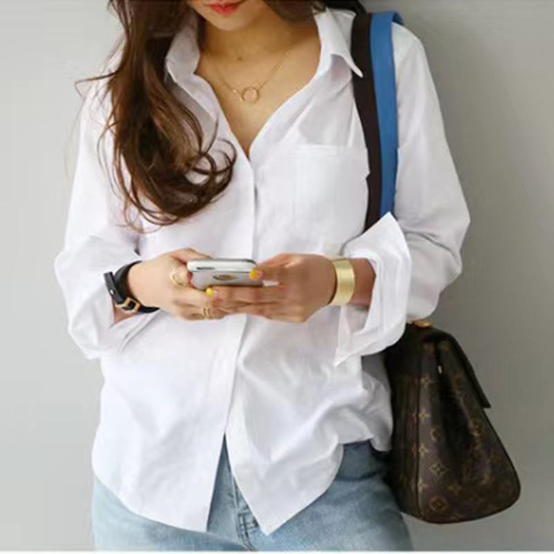 2022 new Style Blouse Tops Female Fashion Button上衣衬衫纯色 - 图1