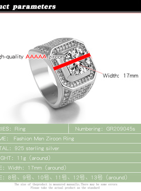 Men Luxury 100% 925 Sterling Silver 5 A  Zircon Ring Punk