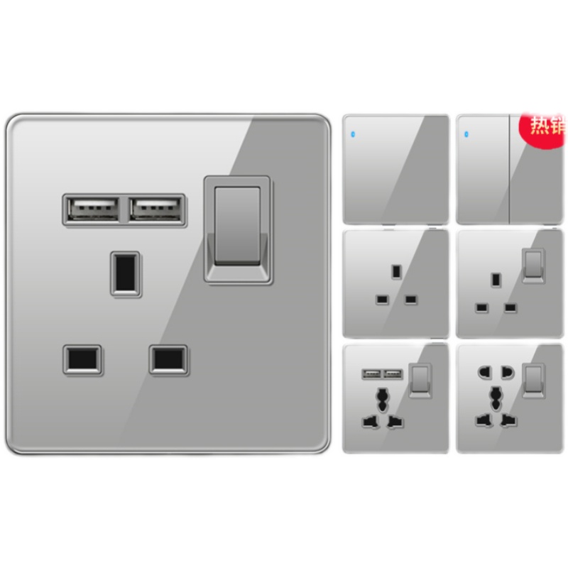 港澳英式13A插座带USB插英标电制多孔家用灯制开关灰色玻璃面板 - 图0