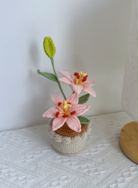 成品钩织百合花盆栽火星兰编织盆 手工毛线仿真花摆件家居装饰