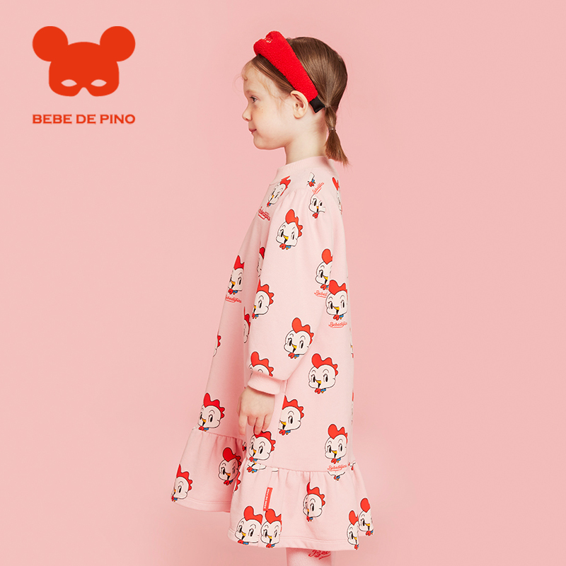 BEBEDEPINO贝贝品诺秋冬半领连衣裙女童针织蓬松袖满印印花裙子 - 图1