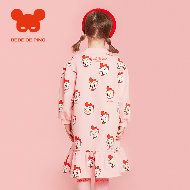 BEBEDEPINO贝贝品诺秋冬半领连衣裙女童针织蓬松袖满印印花裙子 - 图2