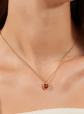 法式复古红色爱心项链