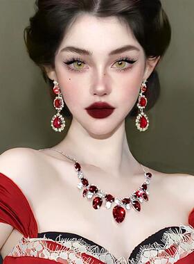 复古夸张奢华红色水滴锁骨链女水晶吊坠项链耳饰套装气质新娘晚宴