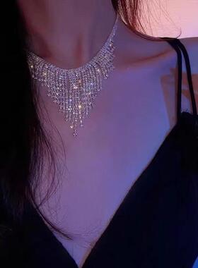 闪钻夸张气质流苏满钻项链女轻奢高级感锁骨链婚纱晚礼服配饰颈链
