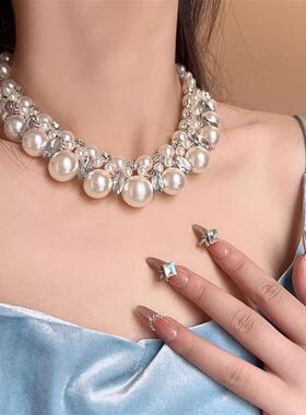 法式氛围感夸张镶钻珍珠项链女多层设计新娘礼服锁骨链