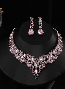 气质百搭晚礼服水晶宝石锁骨项链耳环首饰套装女时尚新娘婚纱饰品