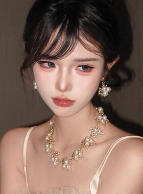 轻奢夸张珍珠婚纱颈炼耳环高级感小众项炼女名媛礼服锁骨炼