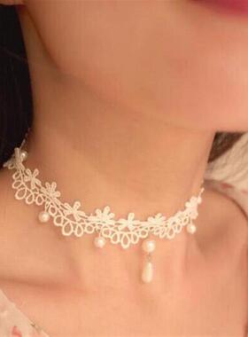 森林婚纱纯手工覆古田园森林风格小公主简单纯白色珍珠蕾丝项炼