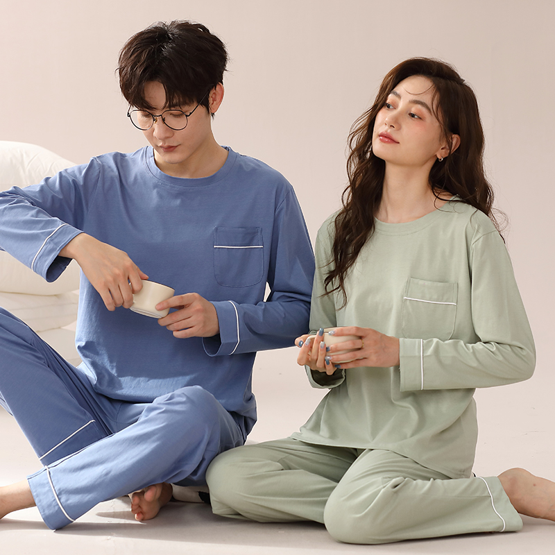 A类抗菌纯棉长袖睡衣男女情侣圆领纯色家居服春秋薄款套装可外穿