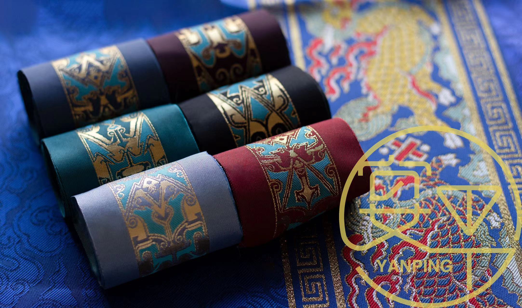 宴平 【战国铜错金嵌绿松石带钩】织金仿妆花眉子 汉服衣缘辅料 - 图1