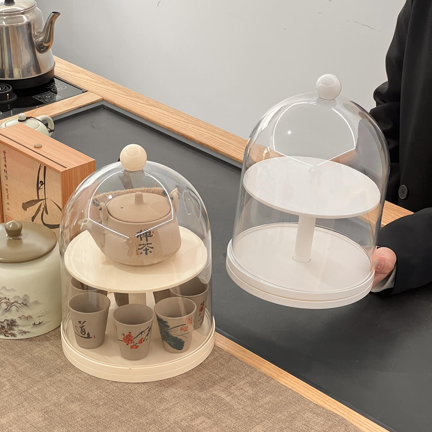 茶具收纳盒旋转带盖防尘透明茶几桌面茶叶茶杯整理存放茶壶置物架,淘宝优惠券,粉丝福利购,淘宝优惠卷
